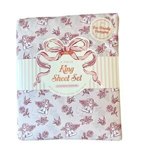 Envogue 4-Piece KING Sheet Set Cherubs & Roses Pink Valentines Day NEW